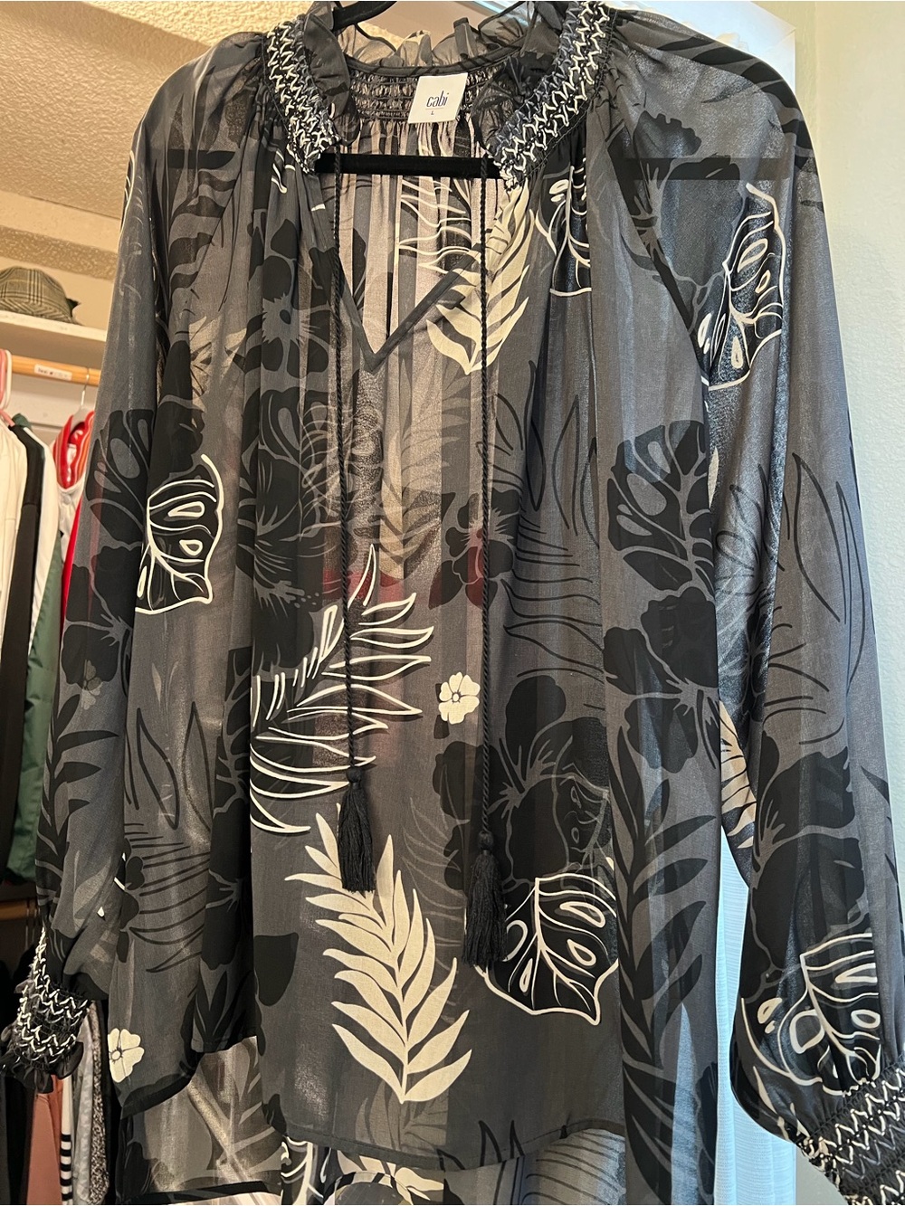 CAbi Black & White Printed Blouse with Smocked Yoke